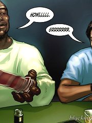 Cartoon porn pics with semi-naked blonde girl who wants to have sex with three guys